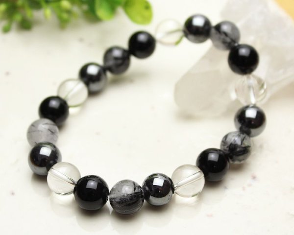 画像3: 願望達成★ 10ミリ オニキス × ヘマタイト × トルマリンクォーツ 数珠 ブレス パワーストーン
