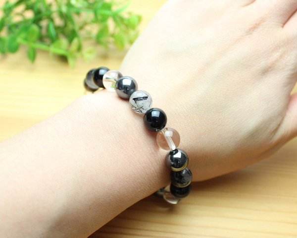 画像6: 願望達成★ 10ミリ オニキス × ヘマタイト × トルマリンクォーツ 数珠 ブレス パワーストーン