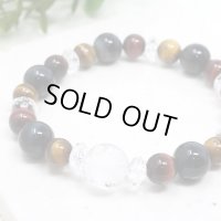 運気UP！昇り龍彫彫り 水晶 × 3色 タイガーアイ 虎目石 赤虎目石 青虎目石　ブレスレット