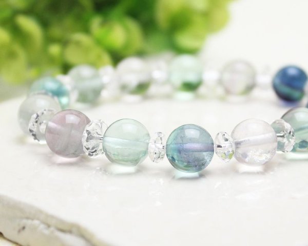 画像3: 癒し・未来♪10ミリフローライト(蛍石)×ボタンカット水晶 パワーストーン ブレスレット (3)