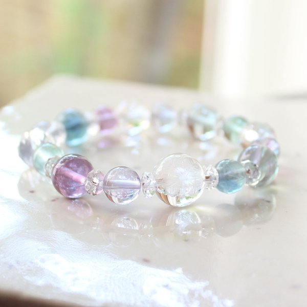 画像3: 【幸せの四葉クローバー】癒し♪フローライト×カット水晶  パワーストーンブレスレット 天然石ブレスレット 女性用 レディース (3)