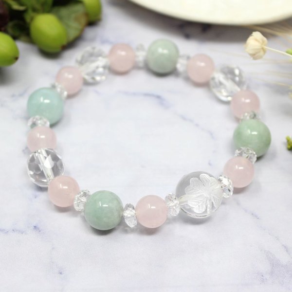 画像2: 【幸せの四葉クローバー】未来の希望と恋愛成就♪ビルマ翡翠×ローズクォーツ パワーストーンブレスレット (2)